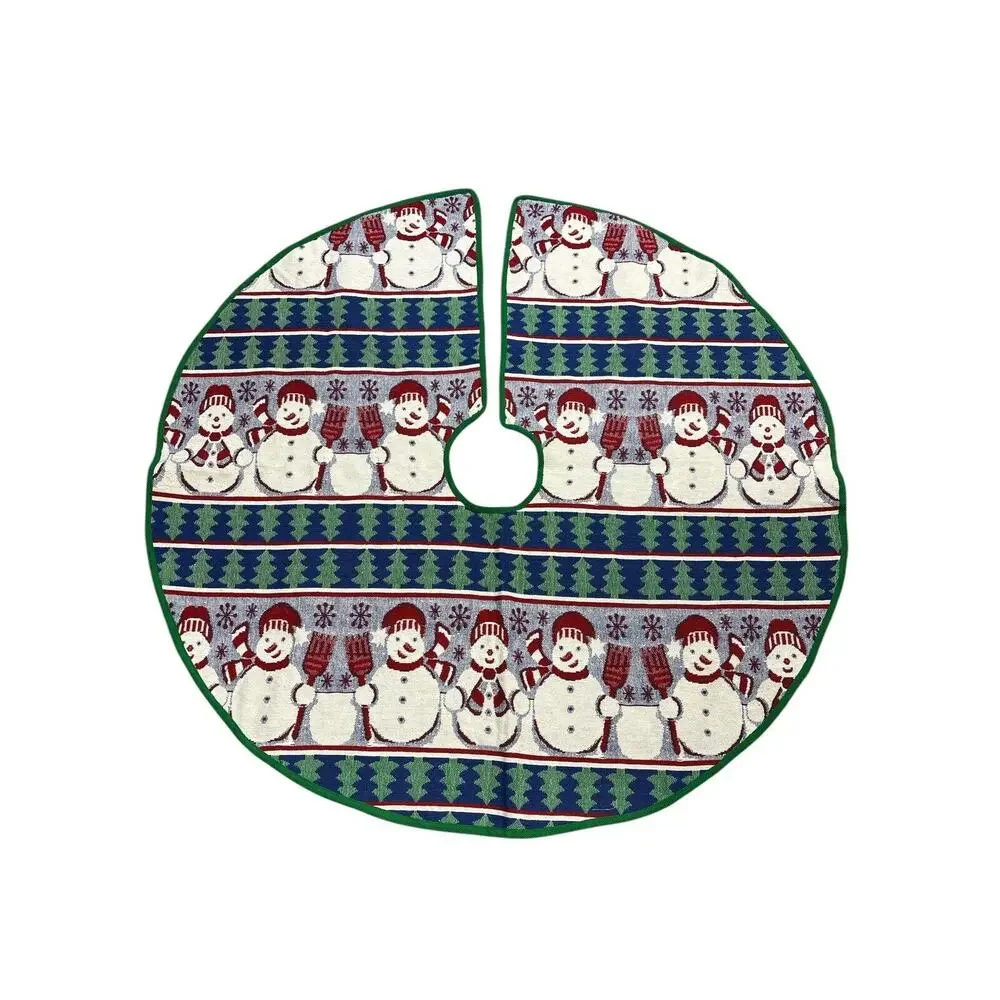 Vintage Snowmen Christmas Tree Skirt 43inch Cotton‎ Tapestry Round Green Trim